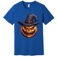 Spooky Carved Pumpkin Face With Witch Hat Halloween Party Cool Gift Premium T-Shirt