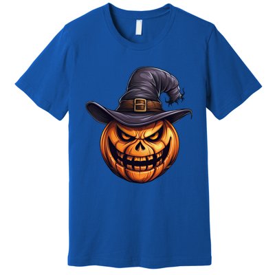 Spooky Carved Pumpkin Face With Witch Hat Halloween Party Cool Gift Premium T-Shirt