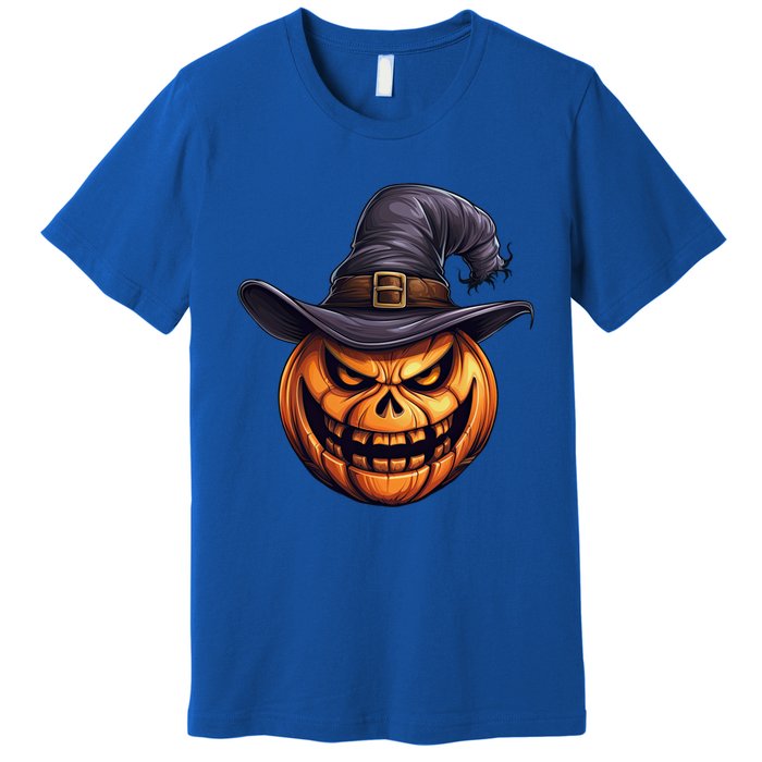 Spooky Carved Pumpkin Face With Witch Hat Halloween Party Cool Gift Premium T-Shirt