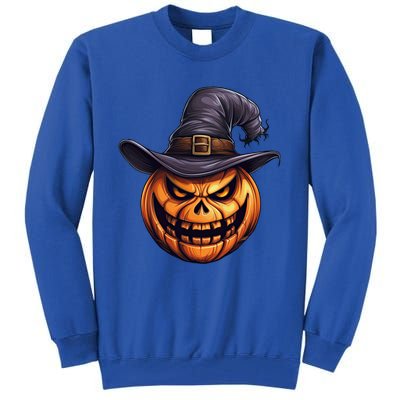 Spooky Carved Pumpkin Face With Witch Hat Halloween Party Cool Gift Tall Sweatshirt