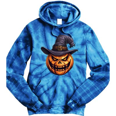 Spooky Carved Pumpkin Face With Witch Hat Halloween Party Cool Gift Tie Dye Hoodie