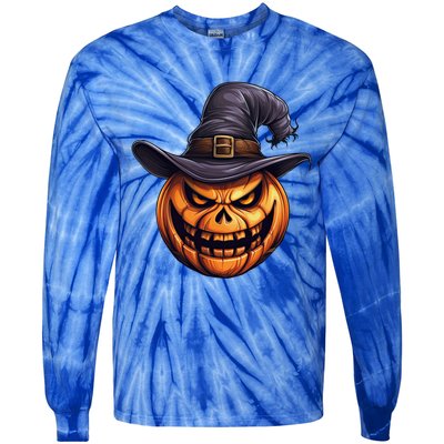 Spooky Carved Pumpkin Face With Witch Hat Halloween Party Cool Gift Tie-Dye Long Sleeve Shirt