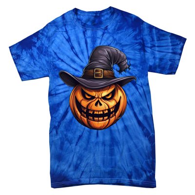 Spooky Carved Pumpkin Face With Witch Hat Halloween Party Cool Gift Tie-Dye T-Shirt