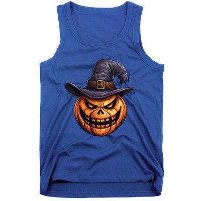 Spooky Carved Pumpkin Face With Witch Hat Halloween Party Cool Gift Tank Top