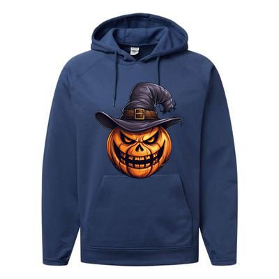 Spooky Carved Pumpkin Face With Witch Hat Halloween Party Cool Gift Performance Fleece Hoodie