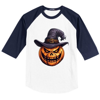 Spooky Carved Pumpkin Face With Witch Hat Halloween Party Cool Gift Baseball Sleeve Shirt