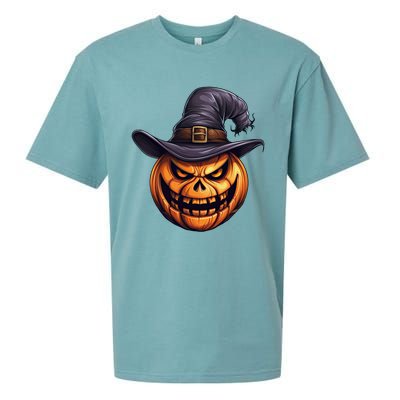 Spooky Carved Pumpkin Face With Witch Hat Halloween Party Cool Gift Sueded Cloud Jersey T-Shirt