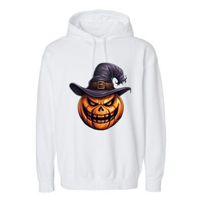 Spooky Carved Pumpkin Face With Witch Hat Halloween Party Cool Gift Garment-Dyed Fleece Hoodie