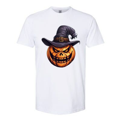 Spooky Carved Pumpkin Face With Witch Hat Halloween Party Cool Gift Softstyle CVC T-Shirt