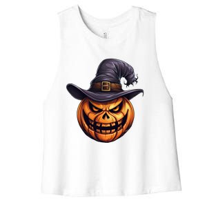 Spooky Carved Pumpkin Face With Witch Hat Halloween Party Cool Gift Women's Racerback Cropped Tank