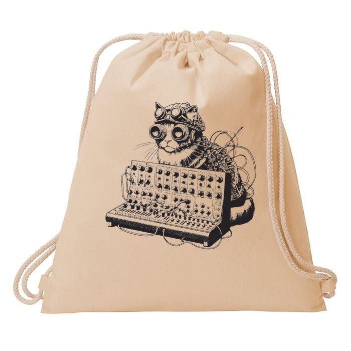 Steampunk Cat Playing Synthesizer Synth Kitten Techno Music Drawstring Bag