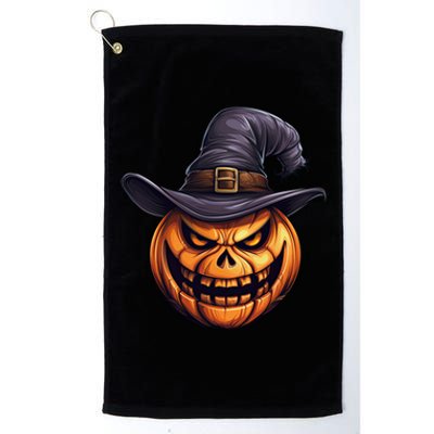 Spooky Carved Pumpkin Face With Witch Hat Halloween Party Gift Platinum Collection Golf Towel