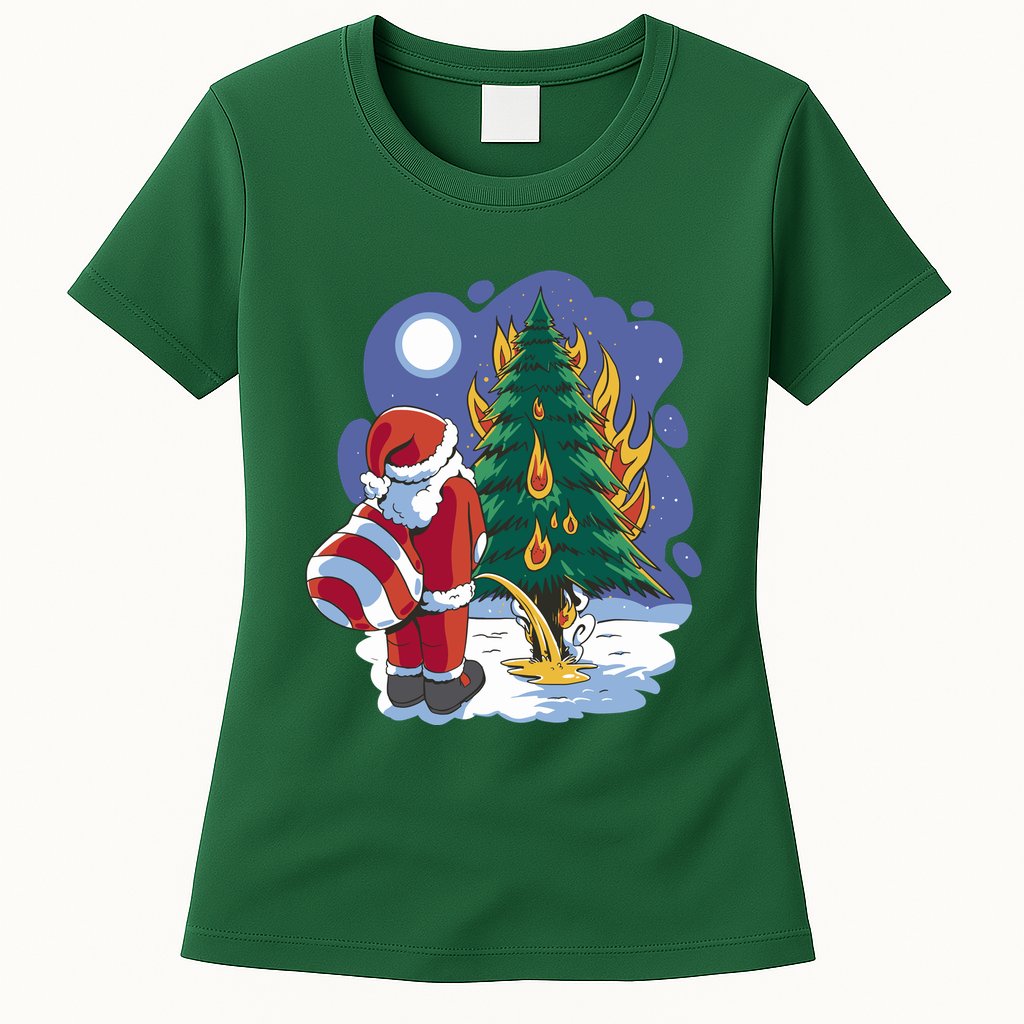 Santa Claus Pissing On Tree Womens T-Shirt