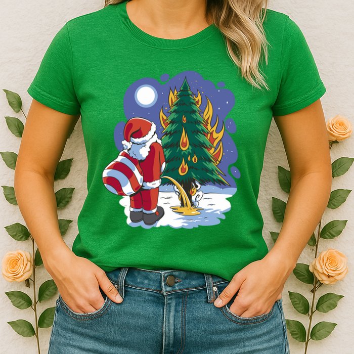 Santa Claus Pissing On Tree Womens T-Shirt