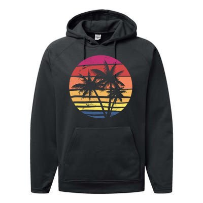 Summer Colorful Palm Tree Retro Sunset Performance Fleece Hoodie