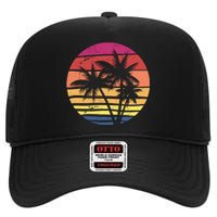 Summer Colorful Palm Tree Retro Sunset High Crown Mesh Back Trucker Hat