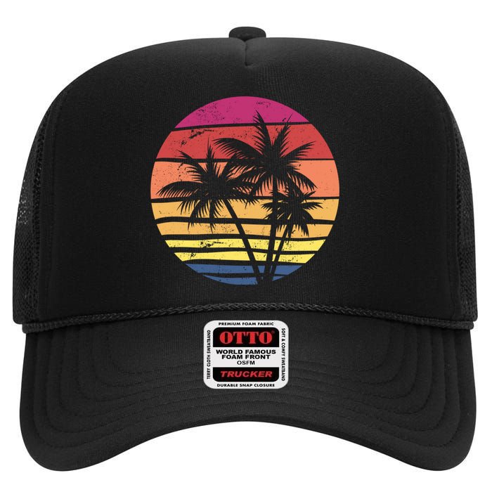 Summer Colorful Palm Tree Retro Sunset High Crown Mesh Back Trucker Hat