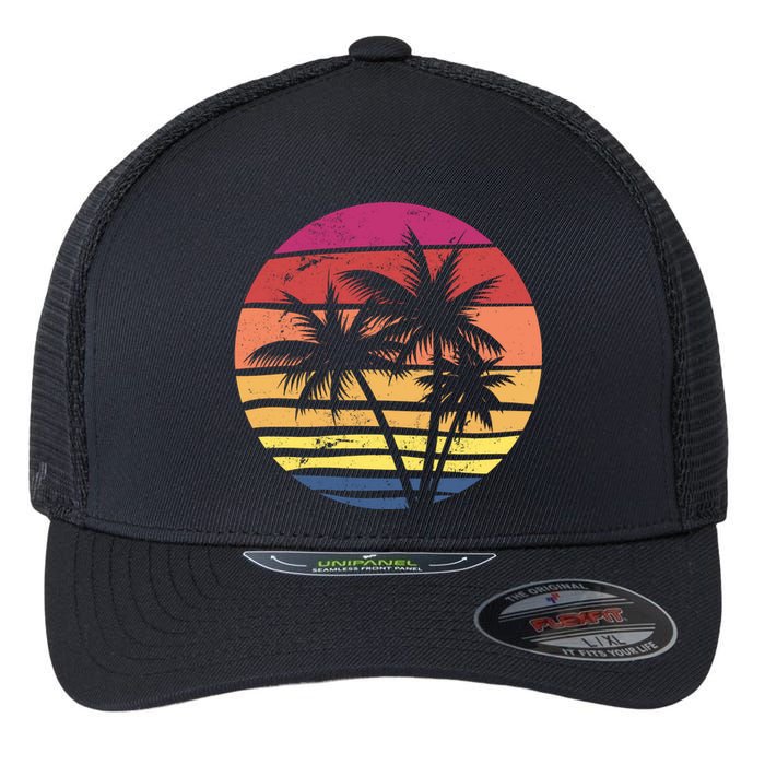 Summer Colorful Palm Tree Retro Sunset Flexfit Unipanel Trucker Cap