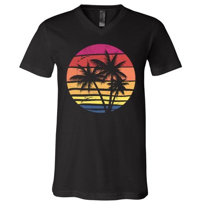 Summer Colorful Palm Tree Retro Sunset V-Neck T-Shirt