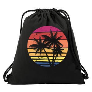 Summer Colorful Palm Tree Retro Sunset Drawstring Bag