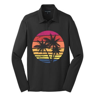 Summer Colorful Palm Tree Retro Sunset Silk Touch Performance Long Sleeve Polo