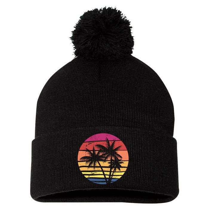 Summer Colorful Palm Tree Retro Sunset Pom Pom 12in Knit Beanie