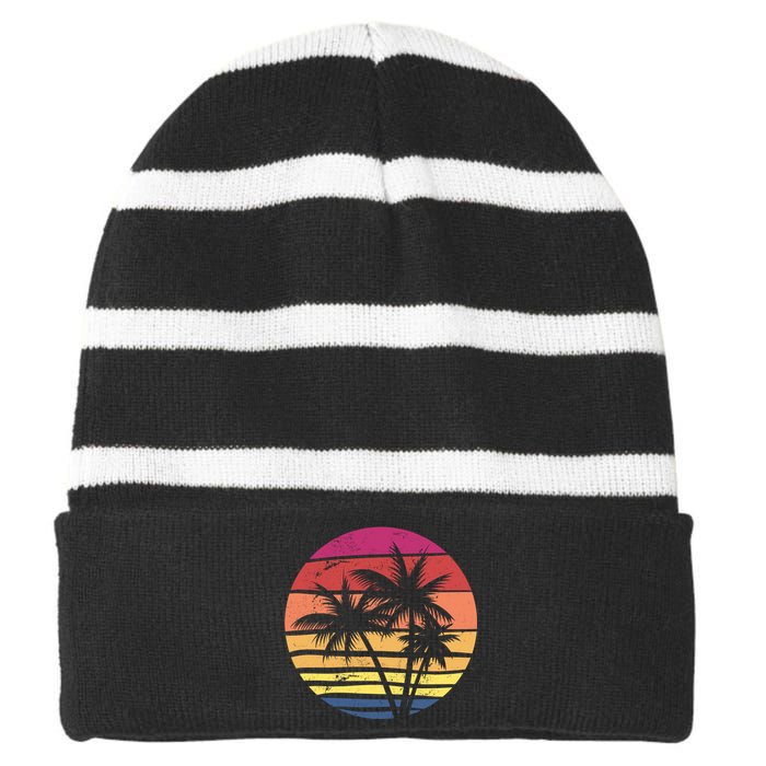 Summer Colorful Palm Tree Retro Sunset Striped Beanie with Solid Band