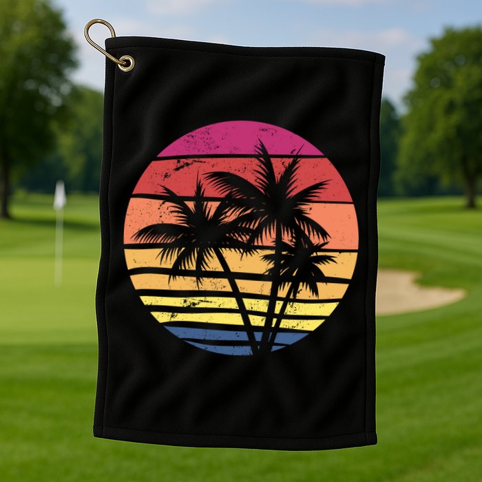 Summer Colorful Palm Tree Retro Sunset Golf Towel