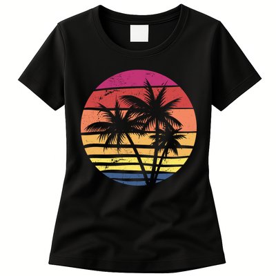 Summer Colorful Palm Tree Retro Sunset Womens T-Shirt