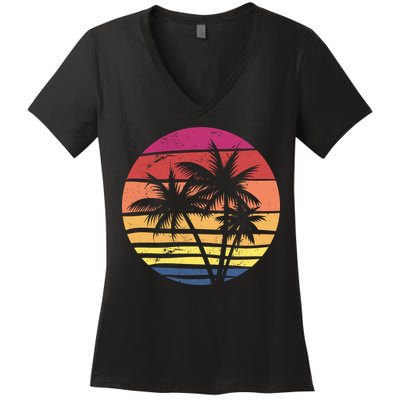 Summer Colorful Palm Tree Retro Sunset Women's V-Neck T-Shirt