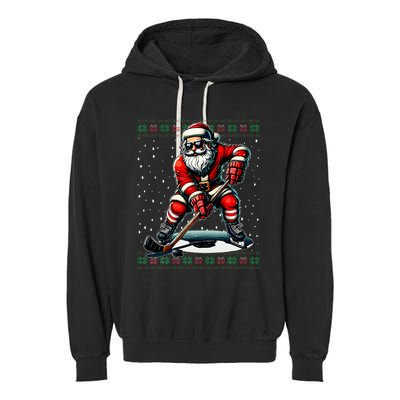 Santa Claus Playing Hockey Ugly Christmas Sweater Garment-Dyed Fleece Hoodie
