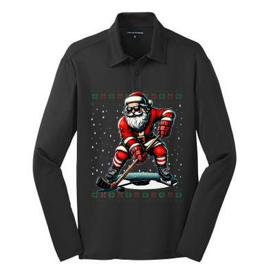 Santa Claus Playing Hockey Ugly Christmas Sweater Silk Touch Performance Long Sleeve Polo