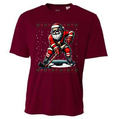 Santa Claus Playing Hockey Ugly Christmas Sweater Cooling Performance Crew T-Shirt