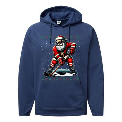 Santa Claus Playing Hockey Ugly Christmas Sweater Performance Fleece Hoodie