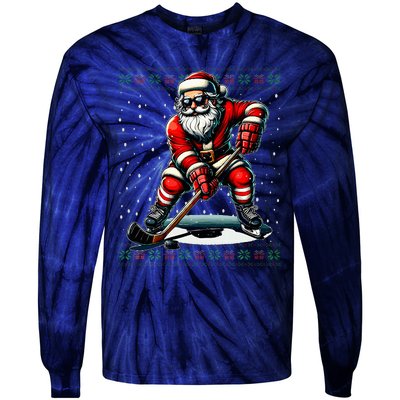 Santa Claus Playing Hockey Ugly Christmas Sweater Tie-Dye Long Sleeve Shirt