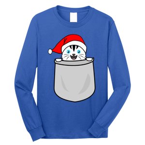 Santa Cat Pocket Funny Cute Cat Mom Dad Christmas Gift Long Sleeve Shirt