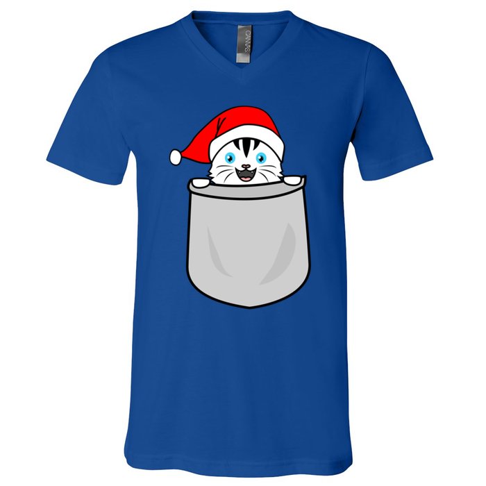 Santa Cat Pocket Funny Cute Cat Mom Dad Christmas Gift V-Neck T-Shirt