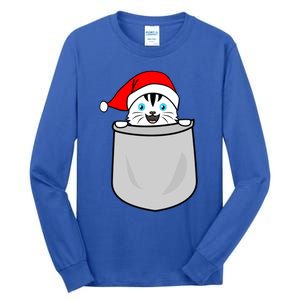 Santa Cat Pocket Funny Cute Cat Mom Dad Christmas Gift Tall Long Sleeve T-Shirt