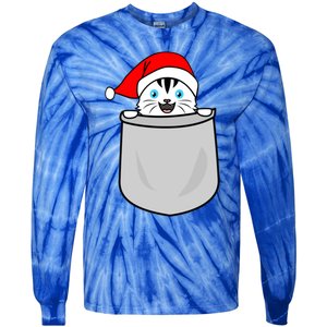 Santa Cat Pocket Funny Cute Cat Mom Dad Christmas Gift Tie-Dye Long Sleeve Shirt