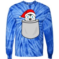 Santa Cat Pocket Funny Cute Cat Mom Dad Christmas Gift Tie-Dye Long Sleeve Shirt