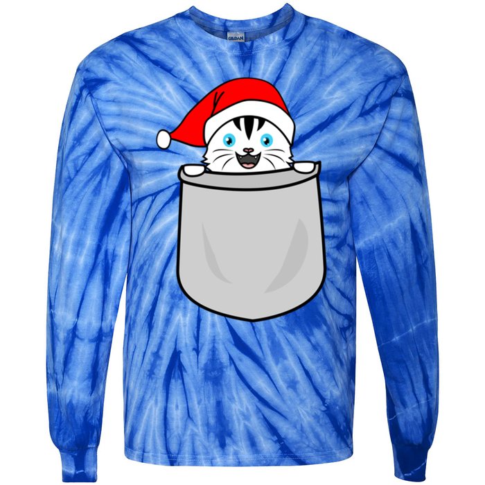 Santa Cat Pocket Funny Cute Cat Mom Dad Christmas Gift Tie-Dye Long Sleeve Shirt