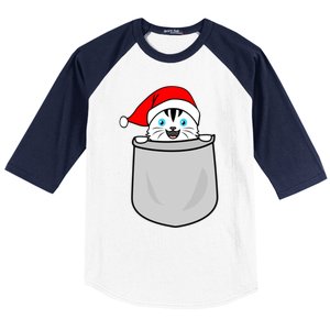 Santa Cat Pocket Funny Cute Cat Mom Dad Christmas Gift Baseball Sleeve Shirt