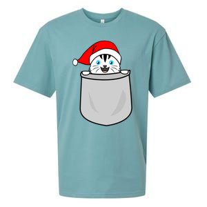 Santa Cat Pocket Funny Cute Cat Mom Dad Christmas Gift Sueded Cloud Jersey T-Shirt