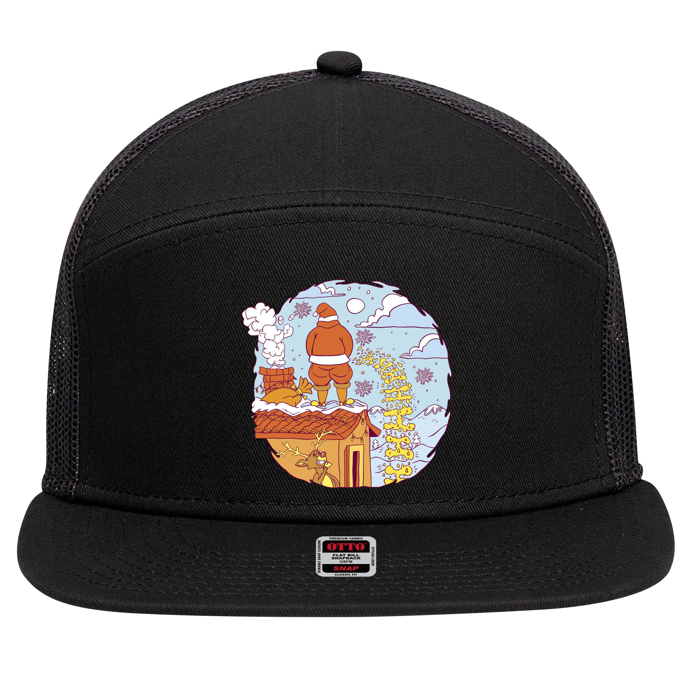 Santa Claus Peeing On Roof Funny Holiday Christmas 7 Panel Mesh Trucker Snapback Hat
