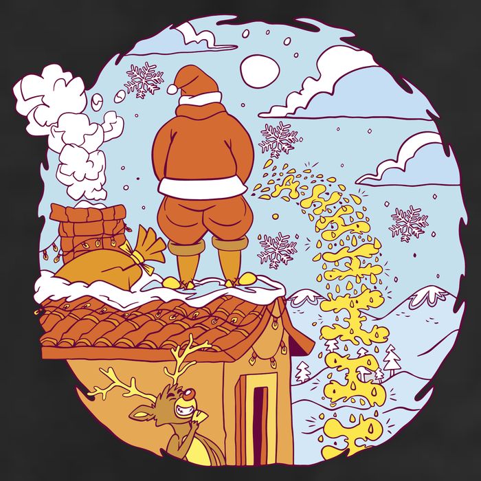 Santa Claus Peeing On Roof Funny Holiday Christmas 7 Panel Mesh Trucker Snapback Hat