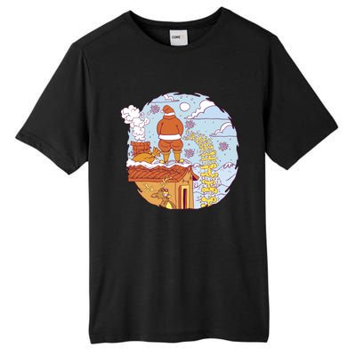 Santa Claus Peeing On Roof Funny Holiday Christmas Tall Fusion ChromaSoft Performance T-Shirt