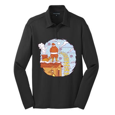 Santa Claus Peeing On Roof Funny Holiday Christmas Silk Touch Performance Long Sleeve Polo