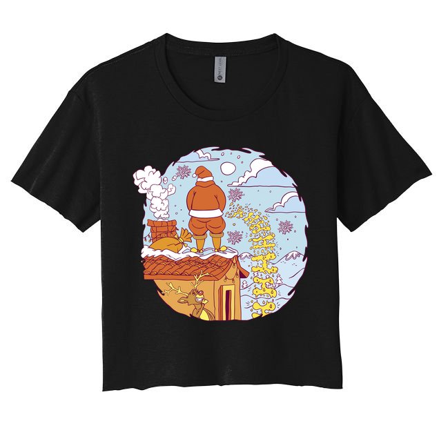 Santa Claus Peeing On Roof Funny Holiday Christmas Crop Top