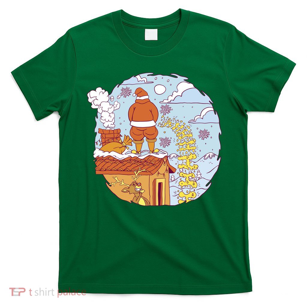 Santa Claus Peeing On Roof Funny Holiday Christmas T-Shirt