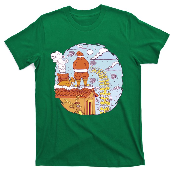 Santa Claus Peeing On Roof Funny Holiday Christmas T-Shirt